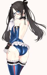 Rule 34 | 1girl, :o, absurdres, ass, backless outfit, black hair, blue eyes, blue leotard, blush, cosplay, cowboy shot, dead or alive, dead or alive 5, elbow gloves, glasses, gloves, hair ornament, hair ribbon, hairclip, highres, holding, holding towel, idolmaster, idolmaster shiny colors, leotard, long hair, looking back, marie rose, marie rose (cosplay), mitsumine yuika, ribbon, simple background, solo, sweat, taiyou-n, towel, twintails, white background