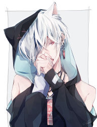 Rule 34 | 1boy, animal ears, bandages, blue background, cat boy, cat ears, earrings, fang, hair over one eye, highres, hood, hoodie, jewelry, male focus, multicolored background, one eye covered, original, pink eyes, short hair, solo, utkt o0, white background, white hair