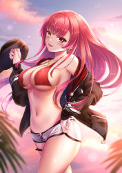 Rule 34 | 1girl, bikini, bikini under clothes, breasts, cleavage, earrings, hand on own hip, hat, highres, holding, holding clothes, holding hat, hololive, houshou marine, houshou marine (summer), jacket, jacket partially removed, jewelry, large breasts, legs together, looking at viewer, multicolored eyes, necklace, o-ring, o-ring thigh strap, red bikini, red eyes, red hair, sebu illust, short shorts, shorts, solo, sunset, swimsuit, thick thighs, thigh strap, thighs, unworn hat, unworn headwear, virtual youtuber, yellow eyes