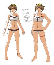 Rule 34 | 1girl, bare shoulders, breasts, brown hair, cleavage, closed mouth, commentary request, eyewear on head, groin, highres, kantai collection, kuroi ani, looking at viewer, mutsu (kancolle), navel, one eye closed, short hair, simple background, solo, sunglasses, sunglasses on head, swimsuit, white background
