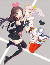 Rule 34 | 2girls, :d, alternate color, alternate costume, bare shoulders, black ai, black footwear, black legwear, black sailor collar, black shirt, black shorts, blouse, blue eyes, blush, boots, brown hair, color switch, crossover, dress, from side, green eyes, hair ornament, hair ribbon, hairclip, hakusai (tiahszld), hand up, heart, holding hands, interlocked fingers, kaguya luna, kizuna ai, kizuna ai inc., lace, lace-trimmed legwear, lace trim, long hair, looking at viewer, looking to the side, midriff peek, multicolored hair, multiple girls, nail polish, obi, open mouth, pink hair, pink nails, pink ribbon, red legwear, ribbon, round teeth, sailor collar, sash, shirt, short shorts, shorts, silver hair, sleeveless, sleeveless dress, sleeveless shirt, smile, streaked hair, teeth, the moon studio, thigh boots, thighhighs, twintails, upper teeth only, very long hair, virtual youtuber, white dress, white footwear