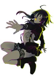 Rule 34 | 1girl, ahoge, akka, backlighting, black footwear, black jacket, black skirt, boots, commentary, foreshortening, full body, glowing, glowing eyes, green hair, grin, gumi, jacket, legs up, looking at viewer, medium hair, midriff, miniskirt, outstretched arm, pale skin, pleated skirt, skirt, smile, solo, v-shaped eyebrows, vocaloid, white background, yellow eyes