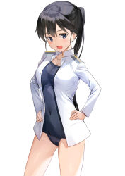 Rule 34 | 1girl, black eyes, black hair, blush, breasts, character request, covered navel, gluteal fold, hands on own hips, highres, jacket, medium breasts, mejina, military, military uniform, school swimsuit, smile, solo, strike witches zero, swimsuit, thighs, uniform, white jacket, world witches series
