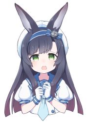 Rule 34 | 1girl, :d, aki inu, animal ear fluff, animal ears, beret, black hair, blue bow, blue hairband, blue neckwear, blue sailor collar, blush, bow, cropped torso, gloves, gradient hair, green eyes, hairband, hat, kantai collection, kemonomimi mode, long hair, matsuwa (kancolle), multicolored hair, open mouth, puffy short sleeves, puffy sleeves, purple hair, rabbit ears, sailor collar, shirt, short sleeves, simple background, smile, solo, striped clothes, striped hairband, tears, upper body, very long hair, white background, white gloves, white headwear, white shirt