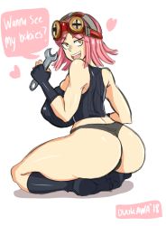 Rule 34 | 10s, 1girl, ass, back, bare shoulders, boku no hero academia, breasts, curvy, english text, fingerless gloves, gloves, goggles, happy, hatsume mei, heart, hip focus, huge ass, huge breasts, kneeling, legs, looking at viewer, looking back, open mouth, panties, pink hair, presenting, simple background, smile, solo, speech bubble, tank top, teeth, text focus, thick thighs, thighs, tongue, underwear, white background, wide hips, wrench, yellow eyes