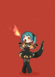 Rule 34 | 1girl, :o, absurdres, blue hair, blush, boots, breath weapon, breathing fire, chibi, claw pose, detached collar, dress, earrings, fire, gloves, gradient hair, hatsune miku, high collar, highres, horns, jewelry, lizard tail, long hair, long tongue, multicolored hair, nagitofuu, open mouth, orange eyes, orange hair, pantyhose, red background, salamander (vocaloid), solo, strapless, strapless dress, tail, thigh boots, tongue, tongue out, twintails, two-tone hair, v-shaped eyebrows, vocaloid