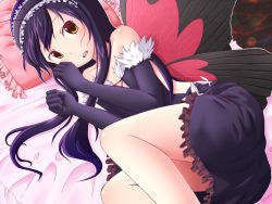 Rule 34 | 10s, 1girl, accel world, antenna hair, bare shoulders, black hair, bug, butterfly, butterfly wings, dress, elbow gloves, frills, gloves, headband, insect, insect wings, kuroyukihime, lying, orange eyes, pillow, solo, takamine (smdx), takamine tsukumo, wings