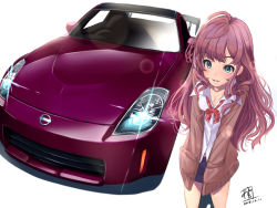 Rule 34 | 1girl, blue eyes, breasts, car, cleavage, highres, ichinose shiki, idolmaster, idolmaster cinderella girls, light blush, looking up, mistrail, motor vehicle, nissan, nissan 350z, nissan fairlady z, parted lips, purple hair, school uniform, small breasts, smile, solo, vehicle focus