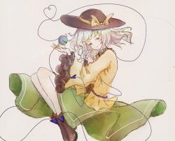 Rule 34 | 1girl, black footwear, black hat, blouse, boots, bow, bright pupils, closed mouth, eyeball, frilled shirt collar, frilled sleeves, frills, full body, green eyes, green skirt, grey hair, hat, hat bow, hat ribbon, heart, heart of string, jingliulishijie, komeiji koishi, long sleeves, looking at viewer, medium hair, ribbon, shirt, simple background, skirt, smile, solo, third eye, touhou, white background, wide sleeves, yellow bow, yellow ribbon, yellow shirt