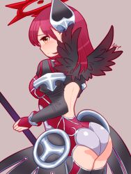 Rule 34 | 1girl, ass, blush, breasts, emil chronicle online, fingerless gloves, gloves, halo, headgear, highres, long hair, mitama celes, naruto (oyuimo), orange eyes, red hair, shiny clothes, sideboob, solo, wings