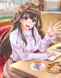 Rule 34 | 1girl, absurdres, ahoge, alternate costume, ayakase hotaru, belt, black belt, booth seating, brown hair, brown skirt, cafe, cup, double bun, earrings, hair bun, hairband, headgear, heart, heart necklace, highres, indoors, jewelry, kantai collection, kongou (kancolle), kongou kai ni (kancolle), long hair, long sleeves, looking at viewer, nail polish, necklace, purple eyes, purple shirt, red nails, shirt, sitting, skirt, solo, teacup, watch, wristwatch