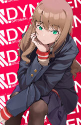 Rule 34 | 1girl, black pantyhose, blue jacket, blue skirt, brown hair, closed mouth, collared shirt, commentary, cyan yu, feet out of frame, green eyes, gridman universe, hand up, head rest, highres, jacket, long hair, long sleeves, looking at viewer, looking up, minami yume, pantyhose, shirt, sitting, skirt, solo, ssss.dynazenon, text background