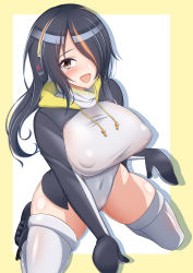 Rule 34 | 1girl, :d, absurdres, black hair, blush, breasts, brown eyes, covered erect nipples, covered navel, drawstring, emperor penguin (kemono friends), groin, hair over one eye, headphones, highleg, highleg leotard, highres, hood, hood down, kemono friends, kneeling, large breasts, leotard, long hair, looking at viewer, morimasakazu, multicolored hair, open clothes, open mouth, red hair, shiny clothes, shiny skin, skindentation, smile, solo, spread legs, sweater, thighhighs, two-tone hair, white leotard