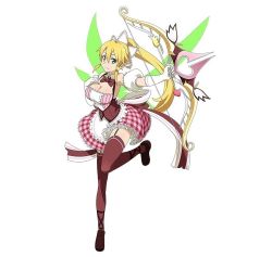 Rule 34 | 10s, 1girl, blonde hair, bow (weapon), breasts, brown thighhighs, cleavage, elbow gloves, full body, garter straps, gloves, hair ornament, highres, holding, holding weapon, large breasts, leafa, long hair, maid, official art, ponytail, simple background, solo, sword art online, sword art online: code register, thighhighs, weapon, white background, white gloves