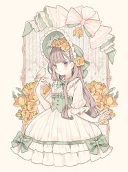 Rule 34 | 1girl, bird, bird on hand, bonnet, bow, bowtie, brown eyes, buttons, closed mouth, collar, collared dress, corset, cowboy shot, dress, dress bow, floral background, flower, frilled collar, frilled dress, frilled headwear, frilled sleeves, frills, green bow, green bowtie, green corset, green headwear, hair bow, hair flower, hair ornament, hat, hat bow, hat flower, highres, hinnya, lace-trimmed headwear, lace trim, light blush, long hair, long sleeves, looking at animal, original, picture frame, puffy long sleeves, puffy sleeves, ribbon-trimmed corset, rose, single sidelock, sleeves past elbows, smile, vertical-striped sleeves, white background, white bow, white dress, white sleeves, yellow flower, yellow rose