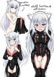 Rule 34 | 1girl, animal ears, blue eyes, blush, bodysuit, breasts, cat ears, catstudioinc (punepuni), clothing cutout, dressing, english text, engrish text, living clothes, looking at viewer, medium breasts, no bra, original, panties, ranguage, silver hair, simple background, slime (substance), solo, struggling, tentacle clothes, tentacle seam, tentacles, tentacles under clothes, thigh cutout, tight clothes, underwear, zipper, zipping