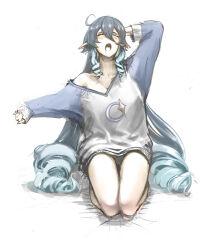 Rule 34 | 1girl, ahoge, blue hair, blue sweater, blush, closed eyes, commentary, drill hair, drill sidelocks, full body, hair between eyes, highres, ker0nit0, long hair, open mouth, original, pointy ears, saliva, seiza, sidelocks, simple background, single bare shoulder, single off shoulder, sitting, solo, stretching, sweater, symbol-only commentary, two-tone sweater, white background, white sweater
