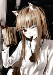 Rule 34 | 1girl, animal ears, blush, brown eyes, brown hair, cup, drink, grin, holo, kawakami rokkaku, long hair, mouth hold, one eye closed, pouch, smile, solo, spice and wolf, upper body, wink, wolf ears