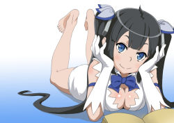 Rule 34 | 1girl, barefoot, black hair, blue background, blue bow, blue bowtie, blue eyes, blue ribbon, blush, book, bow, bowtie, breasts, cleavage, cleavage cutout, clothing cutout, commentary request, dress, dungeon ni deai wo motomeru no wa machigatteiru darou ka, epo (sneya), feet, gloves, gradient background, hair ornament, hair ribbon, hestia (danmachi), large breasts, long hair, looking at viewer, lying, on stomach, open book, rei no himo, ribbon, smile, solo, the pose, toenails, toes, twintails, white dress, white gloves