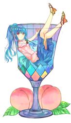 Rule 34 | alternate footwear, alternate hairstyle, bare legs, blue hair, blue skirt, cup, drinking glass, expressionless, food, fruit, fuussu (21-kazin), highres, hinanawi tenshi, in container, leaf, liquid, long hair, looking at viewer, no headwear, no headwear, peach, red eyes, sandals, short sleeves, skirt, solo, touhou, wine glass