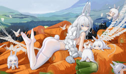Rule 34 | + +, 1girl, absurdres, animal ear fluff, animal ears, ass, azur lane, bare shoulders, blush stickers, braid, breasts, carrot, chibi, closed mouth, commentary request, crossed ankles, day, fake animal ears, fake tail, food, from side, grey eyes, hairband, highres, le malin (azur lane), le malin (listless lapin) (azur lane), leotard, looking at viewer, looking to the side, lwj, lying, mountainous horizon, multiple persona, no shoes, official alternate costume, on stomach, outdoors, pantyhose, popsicle, rabbit ears, rabbit tail, sideboob, small breasts, striped, tail, thigh strap, twin braids, vertical stripes, white hairband, white leotard, white pantyhose