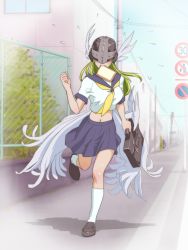 Rule 34 | 1girl, angel wings, angewomon, blush, bread slice, breasts, briefcase, brown footwear, covered eyes, day, digimon, digimon (creature), facing viewer, fence, flying sweatdrops, food, food in mouth, green hair, helmet, highres, holding, holding suitcase, large breasts, late to school, loafers, long hair, midriff, miniskirt, mouth hold, muramura hito, navel, neckerchief, outdoors, parody, pleated skirt, purple sailor collar, purple skirt, road sign, running, sailor collar, school briefcase, school uniform, serafuku, shoes, sign, skirt, socks, solo, suitcase, toast, toast in mouth, white wings, winged helmet, wings, yellow neckerchief