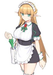 Rule 34 | 1girl, apron, bag, black dress, blush, breasts, brooch, closed mouth, dress, elf, elfenlied22, green eyes, green ribbon, grocery bag, highres, jewelry, large breasts, long hair, long sleeves, looking at viewer, maid, maid apron, maid headdress, original, pointy ears, puffy short sleeves, puffy sleeves, red ribbon, ribbon, shopping bag, short sleeves, simple background, solo, spring onion, tira (elfenlied22), white apron, white background