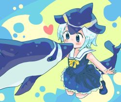 Rule 34 | 10s, 1girl, abstract background, animal, bare arms, blonde hair, blue dress, blue eyes, blue footwear, blue hair, blue ribbon, blush stickers, cetacean tail, collarbone, collared dress, common dolphin (kemono friends), dolphin, dress, eye contact, eyelashes, fins, fish tail, footwear ribbon, frilled dress, frills, full body, heart, kemono friends, kiss, kissing animal, looking at another, multicolored background, multicolored hair, neck ribbon, outstretched arms, pleated dress, ribbon, rureko (torimura), sailor collar, sailor dress, shoes, short hair, sleeveless, sleeveless dress, smile, submerged, tail, tareme, yellow ribbon