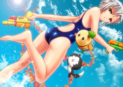 Rule 34 | 1girl, ano hito, ass, back, barefoot, cloud, competition swimsuit, day, dual wielding, dutch angle, eiyuu densetsu, falcom, female focus, fie claussell, from below, green eyes, holding, leg lift, looking at viewer, looking back, looking down, one-piece swimsuit, sen no kiseki, short hair, sky, solo, sparkle, splashing, sun, swimsuit, water gun