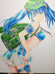 Rule 34 | 1girl, alternate costume, alternate hair length, alternate hairstyle, backpack, bag, bare shoulders, blue hair, blue panties, female focus, hair bobbles, hair ornament, hat, jewelry, kawashiro nitori, key, leaning forward, mayo riyo, necklace, panties, race queen, randoseru, see-through, shikishi, smile, solo, touhou, traditional media, twintails, underwear, wrench