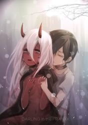 Rule 34 | 10s, 1boy, 1girl, bad id, bad twitter id, black cloak, black collar, black hair, child, cloak, closed eyes, collar, colored sclera, colored skin, commentary request, couple, crying, crying with eyes open, darling in the franxx, green eyes, greyscale, hand on own chest, hetero, hiro (darling in the franxx), holding hands, hood, hooded cloak, horns, hug, hug from behind, interlocked fingers, long hair, monochrome, no bra, no shirt, oni horns, open cloak, open clothes, parka, pink hair, red horns, red pupils, red sclera, red skin, shirt, short hair, short sleeves, snow, snowing, tears, tree, zero two (darling in the franxx), zerokiller002