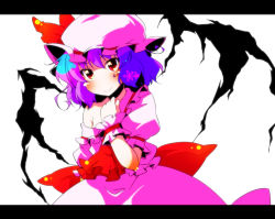 Rule 34 | 1girl, blush, female focus, hat, letterboxed, off shoulder, purple hair, red eyes, remilia scarlet, short hair, smile, solo, sw (taco), tears, touhou, wings, wrist cuffs