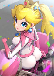 Rule 34 | 1girl, absurdres, ass, biker clothes, biker peach, bikesuit, blonde hair, blue eyes, bodysuit, breasts, brooch, closed mouth, confetti, crown, earrings, eyelashes, from above, from behind, gloves, gonzarez, heart, high ponytail, highres, jewelry, large breasts, long hair, looking at viewer, looking back, looking up, mario (series), mario kart, mario kart wii, motor vehicle, motorcycle, nintendo, pink gloves, pink lips, pink scarf, princess peach, road, scarf, skin tight, solo, sphere earrings