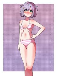 Rule 34 | 1girl, absurdres, belly, blush, blush stickers, bra, breasts, commission, eien project, embarrassed, eyes visible through hair, green eyes, hand on own hip, highres, knees, looking at viewer, navel, nose, open mouth, panties, pink bra, pink panties, purple hair, short hair, simple background, small breasts, solo, striped bra, striped clothes, striped panties, thighs, underwear, underwear only, virtual youtuber, zumi dokumi