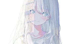 Rule 34 | 1girl, absurdres, blue eyes, blush, closed mouth, collarbone, driedflower, hair between eyes, highres, light, long hair, looking at viewer, original, portrait, shirt, simple background, smile, solo, swept bangs, white background, white hair, white shirt