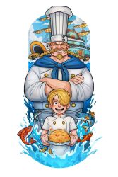 Rule 34 | 2boys, aged down, ascot, beard, black eyes, blonde hair, blue ascot, braid, braided beard, chef, chef hat, child, cloud, cloudy sky, commentary request, crossed arms, curly eyebrows, facial hair, fish, food, hair over one eye, hat, highres, holding, holding food, lilithartv, long mustache, looking at viewer, male focus, multiple boys, mustache, one eye covered, one piece, open mouth, outdoors, red-leg zeff, sanji (one piece), short hair, sky, smile, spanish commentary, teeth, uniform, v-shaped eyebrows