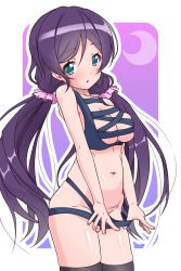 Rule 34 | 10s, 1girl, areola slip, bikini, blush, breasts, cleavage, covered erect nipples, cowboy shot, crescent, green eyes, k10k, long hair, looking at viewer, love live!, love live! school idol project, low twintails, meme attire, navel, outline, purple hair, scrunchie, solo, swimsuit, thighhighs, tojo nozomi, twintails, white outline