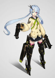 Rule 34 | 1girl, blue hair, boots, cardigan, dual wielding, gloves, gun, headgear, heavily armed high school girls, heterochromia, high heels, highres, holding, long hair, low twintails, md5 mismatch, mecha musume, neco, open mouth, original, pink thighhighs, pleated skirt, resolution mismatch, revision, school uniform, serafuku, simple background, skirt, solo, source smaller, submachine gun, thigh boots, thighhighs, twintails, very long hair, weapon