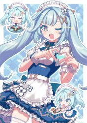 Rule 34 | 1girl, 39 iduki, ;d, ^ ^, absurdres, alternate costume, apron, blue hair, blue nails, blue ribbon, blue skirt, blue vest, chibi, chibi inset, closed eyes, commentary request, enmaided, faruzan (cafe) (genshin impact), faruzan (genshin impact), food, frilled skirt, frills, genshin impact, hair ornament, heart, heart hands, highres, holding, holding plate, light blue hair, long hair, looking at viewer, maid, maid apron, maid headdress, neck ribbon, one eye closed, open mouth, plate, puffy short sleeves, puffy sleeves, ribbon, shirt, short sleeves, skirt, smile, star (symbol), thighhighs, twintails, vest, white apron, white shirt, white thighhighs, wrist cuffs, x hair ornament