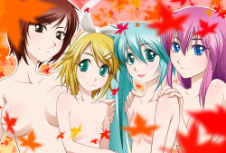 Rule 34 | 00s, 4girls, :d, aqua eyes, aqua hair, bare arms, bare shoulders, blonde hair, blue eyes, blurry, blurry foreground, bow, breast press, breasts, brown eyes, brown hair, censored, censored nipples, cleavage, closed mouth, collarbone, convenient censoring, female focus, flat chest, hair between eyes, hair bow, hair ornament, hairclip, hand on shoulder, hands on shoulders, happy, hatsune miku, hayashi custom, height difference, kagamine rin, large breasts, leaf, leaf background, leaf censor, lineup, long hair, looking at viewer, matching hair/eyes, medium breasts, megurine luka, meiko (vocaloid), multiple girls, neck, nipples, nude, open mouth, pink hair, pointless censoring, ribbon, short hair, small breasts, smile, twintails, upper body, vocaloid, white bow, yuri