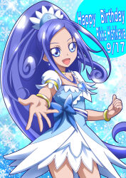 Rule 34 | 1girl, blue background, blue dress, blue eyes, blue hair, bracelet, brooch, character name, choker, clenched hand, commentary, cowboy shot, cure diamond, dated, dokidoki! precure, dress, earrings, english text, hair ornament, hanzou, happy birthday, heart, heart brooch, highres, hishikawa rikka, jewelry, light particles, long hair, looking at viewer, magical girl, open mouth, ponytail, precure, puffy short sleeves, puffy sleeves, reaching, reaching towards viewer, short dress, short sleeves, smile, snowflakes, solo, standing, very long hair, yellow choker