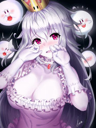 Rule 34 | 1girl, black background, blush, boo (mario), breasts, cleavage, crown, gloves, highres, large breasts, long hair, looking at viewer, luigi&#039;s mansion, mario (series), new super mario bros. u deluxe, nintendo, nose blush, open mouth, pale skin, pink eyes, piukute062, princess king boo, signature, silver hair, simple background, super crown, upper body, wavy mouth, white gloves