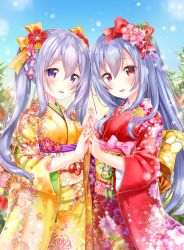 Rule 34 | 2girls, aoba chise, aoba project, aoba rena, back bow, blue sky, blurry, blurry background, blush, bow, commentary request, depth of field, floral print, flower, from side, hair between eyes, hair bow, hair flower, hair ornament, holding hands, interlocked fingers, japanese clothes, kanzashi, kimono, long hair, looking at viewer, looking to the side, multiple girls, nail polish, obi, open mouth, orange bow, outdoors, pink bow, pink nails, print kimono, purple eyes, red bow, red eyes, red flower, sakura moyon, sash, sidelocks, silver hair, sky, smile, twintails, very long hair, wide sleeves