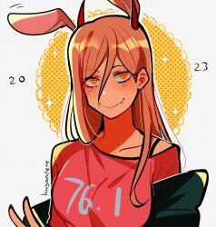 Rule 34 | 1girl, absurdres, animal ears, artist name, blush, brown hair, chainsaw man, cross-shaped pupils, fake animal ears, fang, hair between eyes, highres, horns, huyandere, long hair, looking at viewer, off shoulder, orange eyes, pink shirt, power (chainsaw man), rabbit ears, red horns, shirt, simple background, smile, solo, symbol-shaped pupils, v, white background