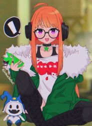 Rule 34 | 1girl, ahoge, bare shoulders, black-framed eyewear, black camisole, black thighhighs, blurry, blurry background, camisole, cellphone, character doll, collarbone, commentary, doll, fur-trimmed jacket, fur trim, glasses, green jacket, headphones, highres, holding, holding phone, indoors, jack frost (megami tensei), jacket, joshuathefruit, long hair, long sleeves, looking at viewer, off shoulder, open clothes, open jacket, open mouth, orange hair, persona, persona 5, phone, pink eyes, sakura futaba, shirt, sidelocks, sitting, smile, solo, straight hair, thighhighs, twitter username, white shirt