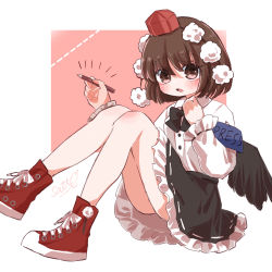 Rule 34 | 1girl, absurdres, armband, bird wings, black bow, black bowtie, black skirt, black wings, blush, bow, bowtie, brown eyes, brown hair, buttons, collared shirt, feathered wings, feet out of frame, frilled skirt, frills, hat, highres, holding, holding pencil, long sleeves, miniskirt, open mouth, pencil, pom pom (clothes), red footwear, red hat, ribbon-trimmed sleeves, ribbon trim, salt (seasoning), shameimaru aya, shirt, shoes, short hair, sitting, skirt, tokin hat, touhou, white shirt, wings