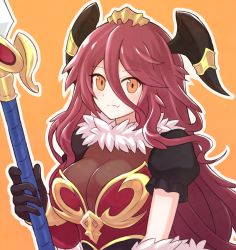 Rule 34 | 1girl, breasts, dragalia lost, fang, hair between eyes, holding, holding polearm, holding weapon, horns, large breasts, long hair, looking at viewer, mym (dragalia lost), polearm, puffy short sleeves, puffy sleeves, red hair, short sleeves, skin fang, smile, solo, suta (clusta), upper body, weapon, yellow eyes