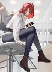 Rule 34 | 1girl, ange katrina, ange katrina (5th costume), black pants, blue eyes, brown footwear, cellphone, clothing cutout, crossed legs, from side, hair salon, highres, holding, holding phone, indoors, jewelry, kamitoge supino, looking at viewer, necklace, nijisanji, pants, phone, red hair, short hair, shoulder cutout, smartphone, solo focus, sweater, torn clothes, torn pants, virtual youtuber, white sweater