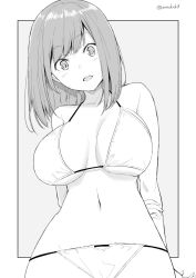Rule 34 | 1girl, arms behind back, bikini, breasts, greyscale, halterneck, kichihachi, large breasts, looking at viewer, medium hair, monochrome, navel, open mouth, original, outside border, simple background, solo, standing, stomach, swimsuit, teeth, twitter username, upper teeth only