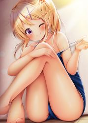 Rule 34 | 1girl, :d, bare arms, bare legs, bare shoulders, barefoot, blonde hair, blue one-piece swimsuit, blush, commentary request, competition school swimsuit, crossed legs, hair between eyes, hair ornament, hairclip, head tilt, highres, kin-iro mosaic, kujou karen, long hair, minato ojitan, one-piece swimsuit, open mouth, ponytail, pulled by self, purple eyes, school swimsuit, sidelocks, sitting, smile, solo, strap pull, swimsuit, wet, x hair ornament